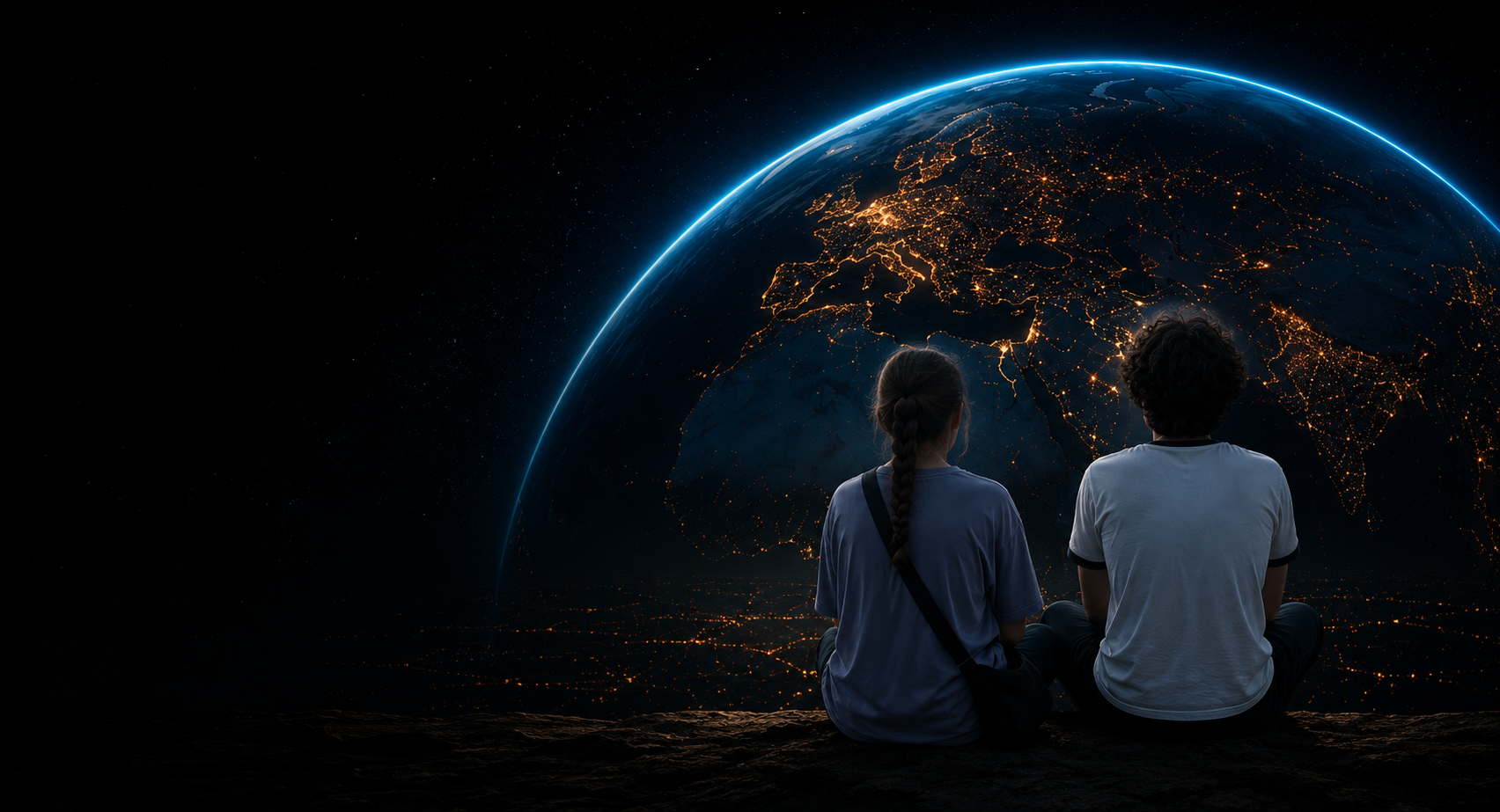 Two young people facing a connected Earth, representing the human future in the age of Artificial Intelligence