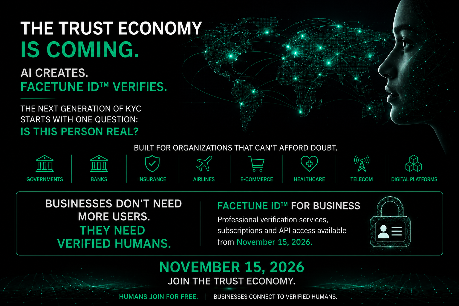 FACETUNE ID for Business — human verification API for banks, governments, e-commerce, digital platforms, airlines, universities, insurers, healthcare and the Trust Economy