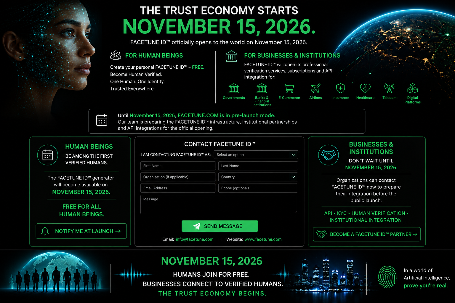 Contact FACETUNE ID — official launch November 15, 2026, human verification, partnerships and API integrations